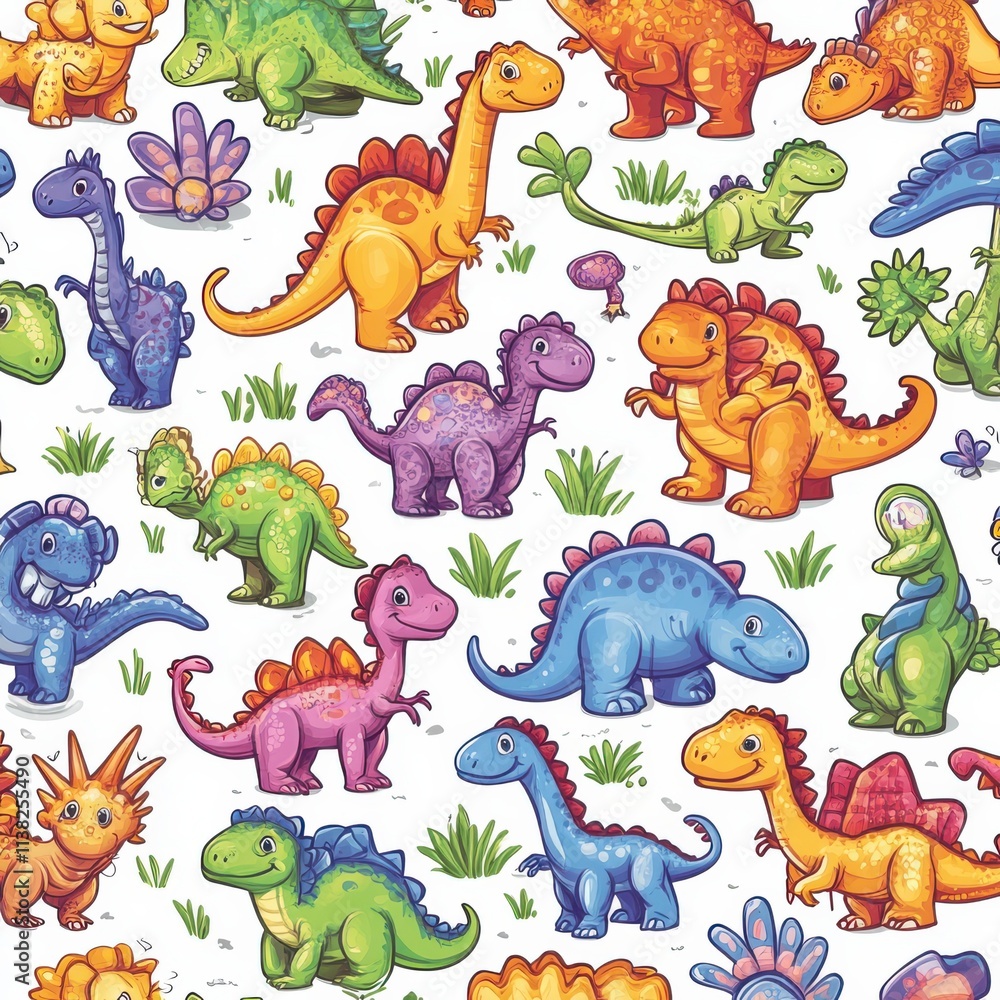 Naklejka premium Dinosaur adventure scene fantasy land illustration colorful environment playful viewpoint imagination unleashed