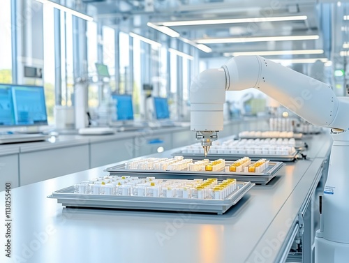 Robotic system handling trays of medical products, symbolizing automation in life science manufacturing