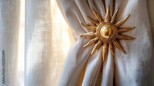 Gold sunburst curtain tieback on sheer white fabric. photo