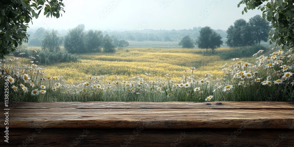 A background with a wooden surface in the foreground, neutral space for potential ad design. The background is softly blurred with natural elements like green trees, grass, and flowers, A background with a wooden surface in the foreground, neutral space for potential ad design. The background is softly blurred with natural elements like green trees, grass, and flowers,