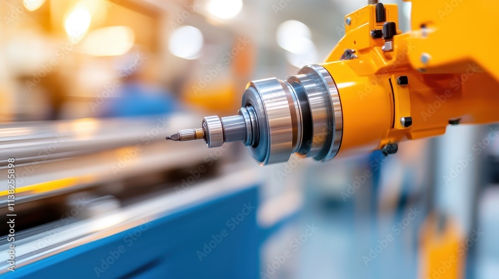 The image depicts a high-tech industrial robot arm in action within a factory setting, illustrating modern automation and precision engineering in manufacturing. The image depicts a high-tech industrial robot arm in action within a factory setting, illustrating modern automation and precision engineering in manufacturing.