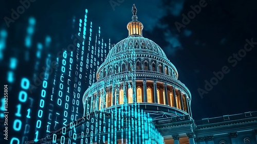 Capitol building, government, stock market. A digital representation of a government building, featuring binary code, symbolizing technology and data in politics.