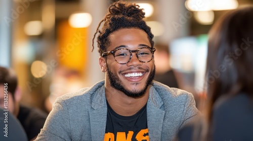 A man with trendy glasses and a gray jacket beams with a radiant smile in a well-lit indoor setting, capturing warmth and connectivity with peers.