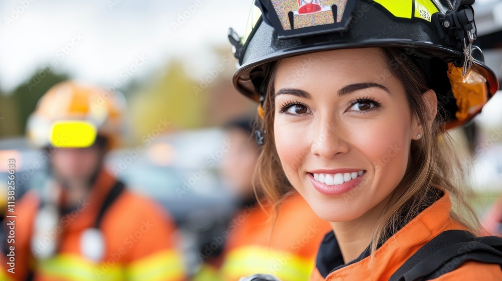 A female firefighter shines with unwavering resolve and determination among her peers, dressed in full gear, demonstrating leadership and bravery in uncertain circumstances. A female firefighter shines with unwavering resolve and determination among her peers, dressed in full gear, demonstrating leadership and bravery in uncertain circumstances.