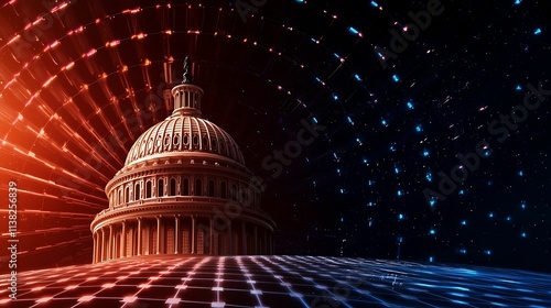 Capitol building, government, stock market. A stylized representation of a dome structure, illuminated with vibrant red and blue lights, creating a dynamic, swirling background effect.