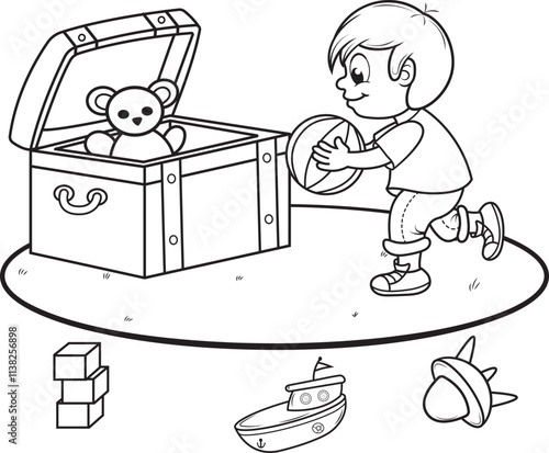 Pagina para colorear, niño guardando sus juguetes en una caja de madera, ilustracion estilo cartoon.