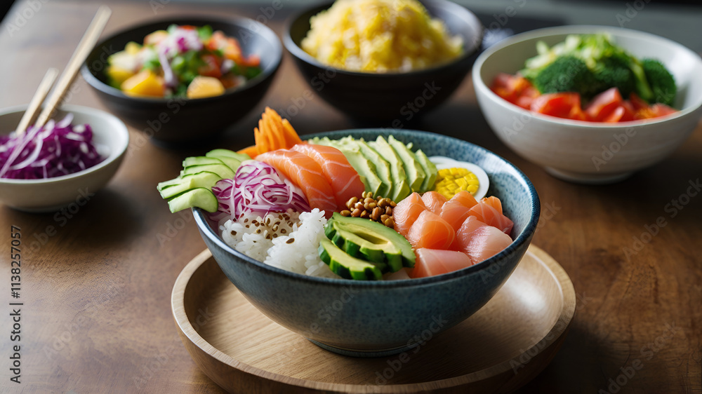 Poke Bowl, A healthy bowl of raw fish, rice, vegetables, and a variety of toppings. Poke Bowl, A healthy bowl of raw fish, rice, vegetables, and a variety of toppings.