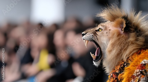 A model wearing a lion-inspired costume with vibrant colors and textures roars on the runway during a fashion show, showcasing creativity and bold style. photo