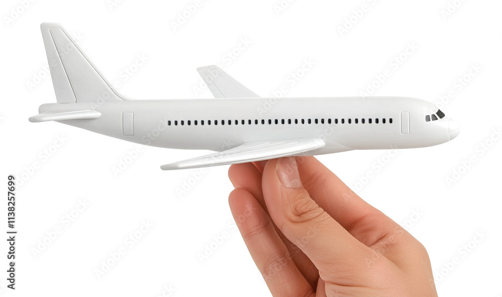 Hand holding a miniature airplane, isolated on transparent cutout background Hand holding a miniature airplane, isolated on transparent cutout background