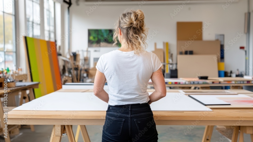 Woman with blonde hair in a white T-shirt stands thoughtfully before a large canvas in a well-lit studio, symbolizing innovation and artistic contemplation and focus. Woman with blonde hair in a white T-shirt stands thoughtfully before a large canvas in a well-lit studio, symbolizing innovation and artistic contemplation and focus.