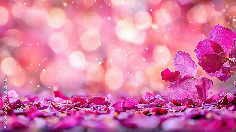 A bouquet of pink flowers resting atop a bed of pink petals A bouquet of pink flowers resting atop a bed of pink petals