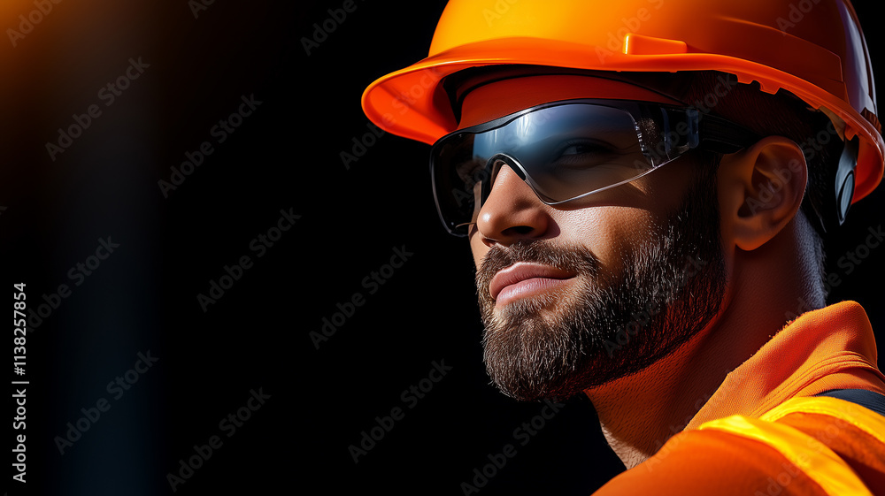 Close-Up of a Construction Worker with Orange Helmet and Glasses Close-Up of a Construction Worker with Orange Helmet and Glasses