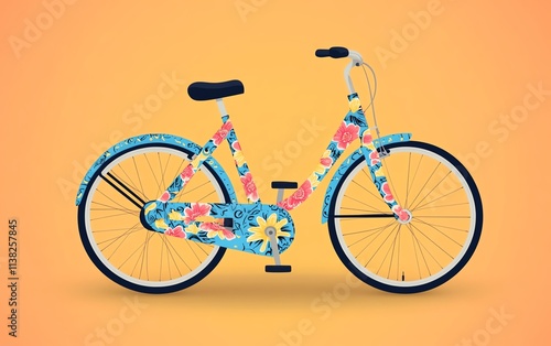 Floral patterned bicycle on orange photo