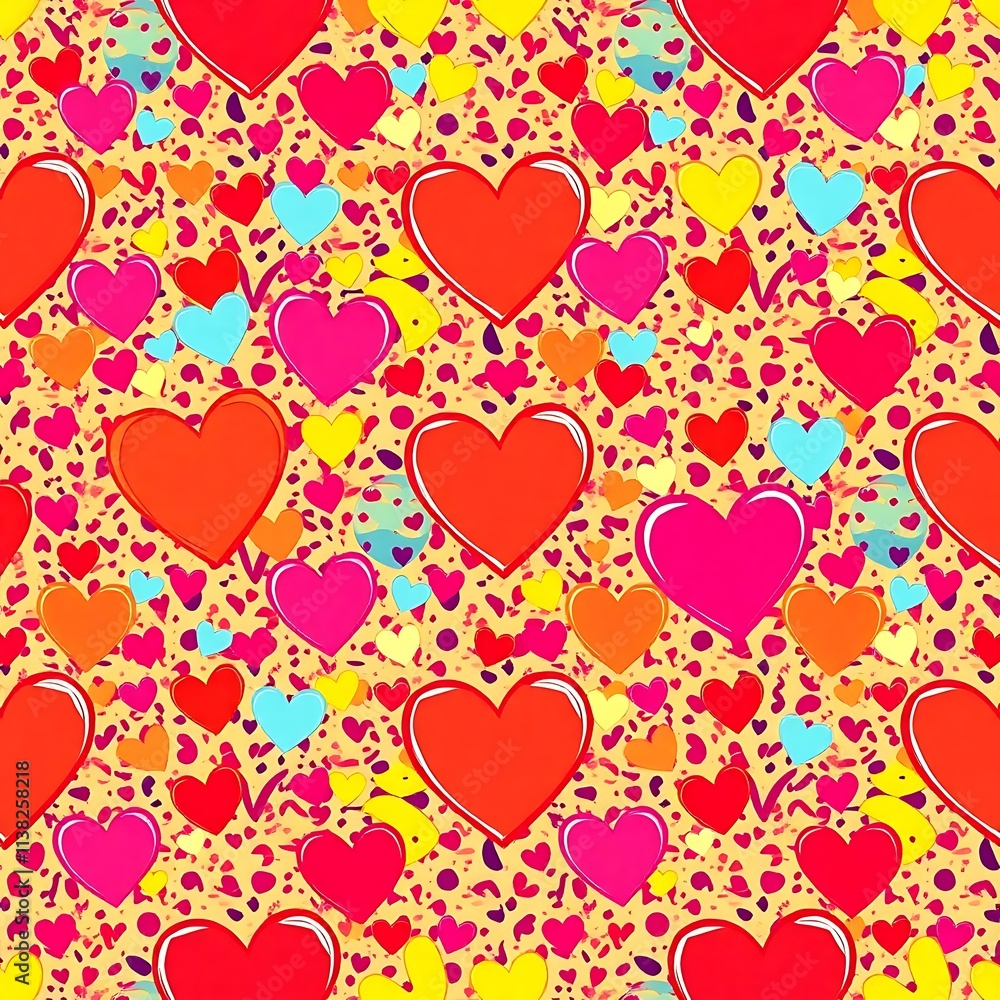 Colorful Heart Pattern: A vibrant and playful seamless pattern featuring a multitude of hearts in various shades of red, pink, yellow, and blue, set against a warm, textured background. Colorful Heart Pattern: A vibrant and playful seamless pattern featuring a multitude of hearts in various shades of red, pink, yellow, and blue, set against a warm, textured background.