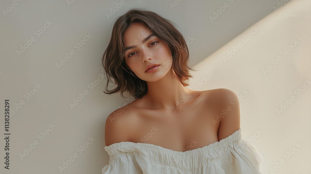 Close-up portrait of a beautiful young woman with short brown hair, natural makeup, wearing an off-shoulder white blouse in soft sunlight. Close-up portrait of a beautiful young woman with short brown hair, natural makeup, wearing an off-shoulder white blouse in soft sunlight.