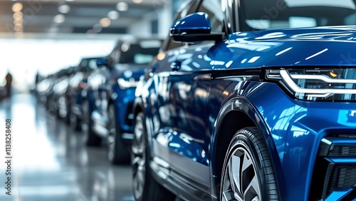 A row of blue SUVs is in position. fleet of standard modern vehicles. Transportation. Fleet of luxury off-road vehicles is made up of generic, nameless vehicles. isolated on black background