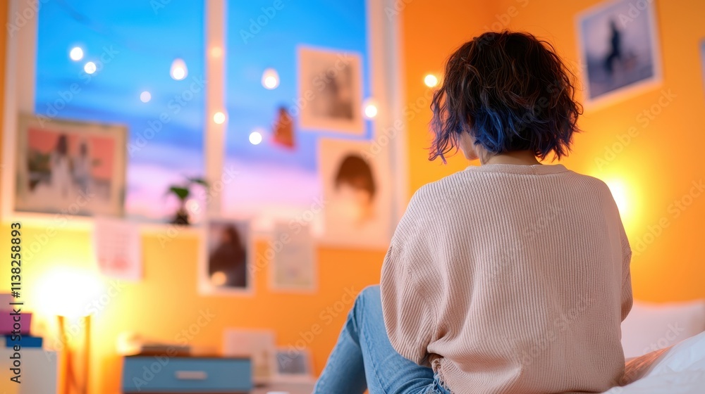 A back view of a woman with blue hair, gazing at a stunning sunset from her room decorated with string lights and artwork, embodying tranquility and reflection. A back view of a woman with blue hair, gazing at a stunning sunset from her room decorated with string lights and artwork, embodying tranquility and reflection.