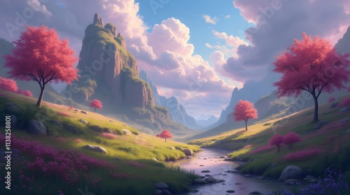 Captured is a scenic view of a serene lake surrounded by vibrant pink and green foliage, towering mountains, and a sunny sky, showcasing the beauty of nature and peaceful environments.