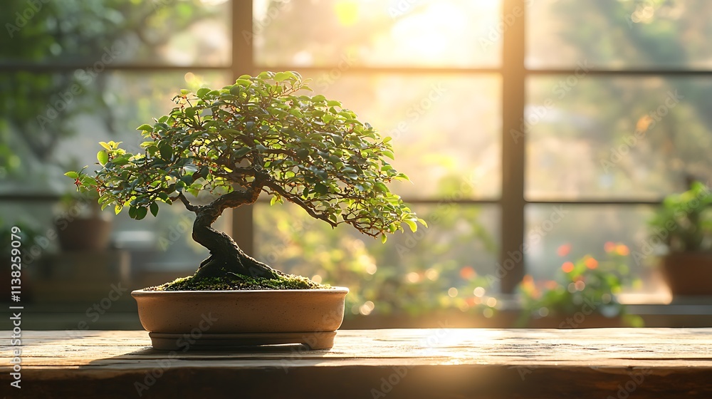 A minimalist bonsai tree with perfectly balanced proportions, placed on a rustic wooden table near a sunlit window, creating a serene and contemplative setting, hd quality, natural look. --ar 16:9 A minimalist bonsai tree with perfectly balanced proportions, placed on a rustic wooden table near a sunlit window, creating a serene and contemplative setting, hd quality, natural look. --ar 16:9