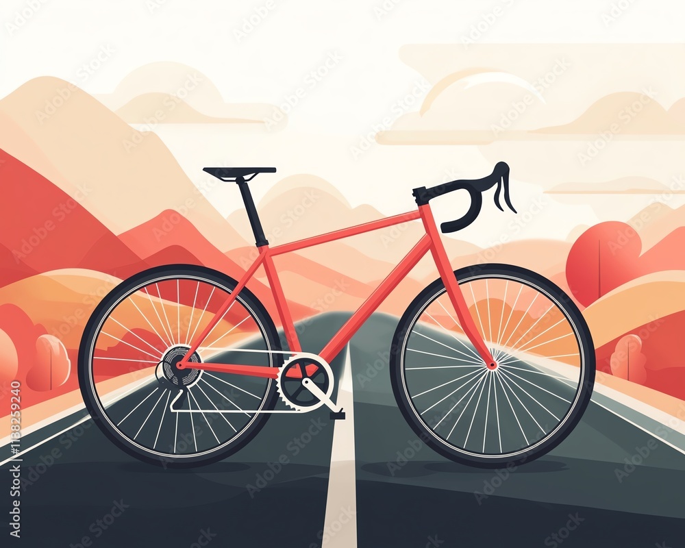 Fototapeta premium Red bicycle on scenic road illustration