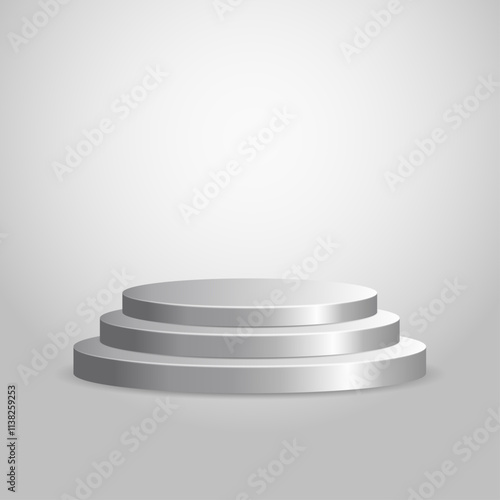 Silver podium on a grey background. Silver pedestal with stairs.	
