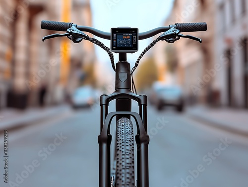 Modern electric bicycle on city street photo