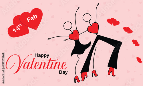 Best valentines day greeting card on light red background, couple dancing and romantic date, modern flat style vector illustration.