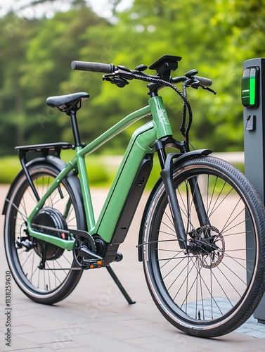 An electric bike parked at a charging station, reflecting modern ecofriendly commuting, Bicycle, Electric Charging Ecofriendly Sustainable Modern