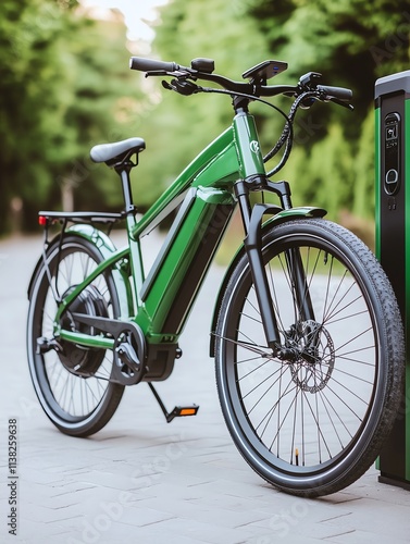 An electric bike parked at a charging station, reflecting modern ecofriendly commuting, Bicycle, Electric Charging Ecofriendly Sustainable Modern