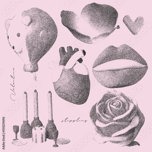 Cute imperfect romantic Elements set with a retro photocopy effect. Childish valentine s day concept. Human heart, balloon and lips 3d naive elements. Grain effect and stippling. Vector