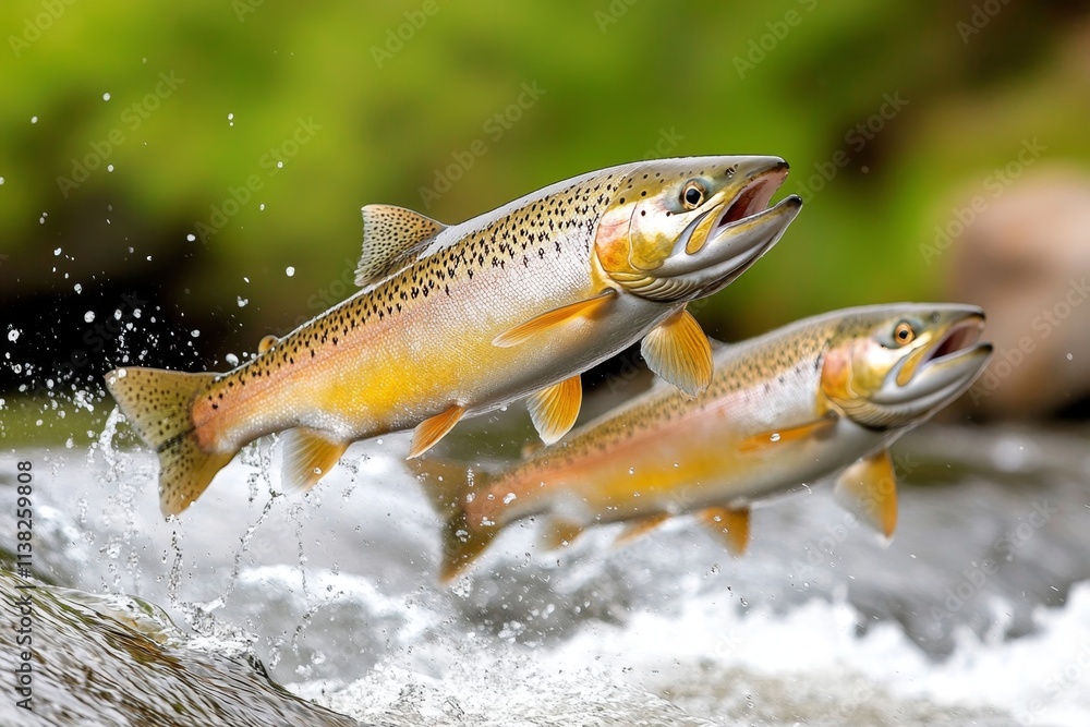 A close-up of a salmon leaping upstream against a powerful waterfall, showcasing its determination and strength A close-up of a salmon leaping upstream against a powerful waterfall, showcasing its determination and strength