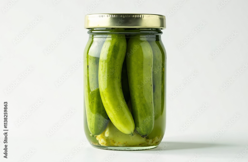 Pickled cucumbers in a glass jar on a white background isolate Pickled cucumbers in a glass jar on a white background isolate