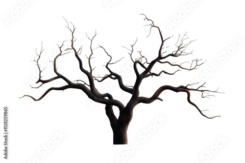 A bare tree with twisted, dark branches spreading out against a black background, emphasizing its intricate structure