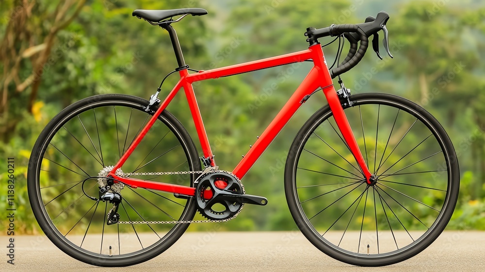 Red road bike outdoors on path