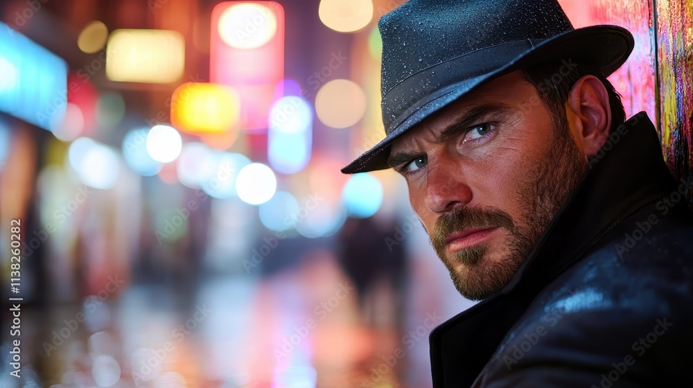 A sharp-eyed man under a black fedora hat stands in a mysterious alleyway, the atmosphere enhanced by colorful and blurred neon city lights reflecting around him.