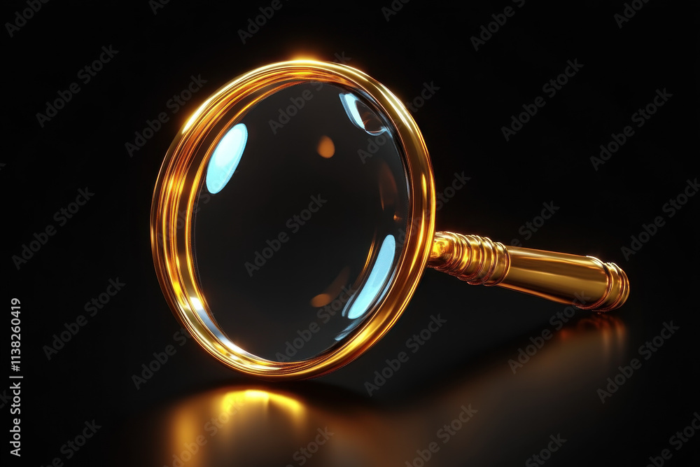 Gold magnifying glass on black reflective surface. Gold magnifying glass on black reflective surface.