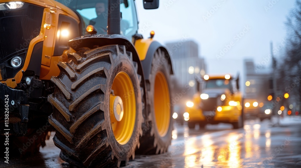A close-up shot of a tractor with large wheels traveling a wet city street during evening rush hour, emphasizing the blend of rural machinery in an urban setting. A close-up shot of a tractor with large wheels traveling a wet city street during evening rush hour, emphasizing the blend of rural machinery in an urban setting.