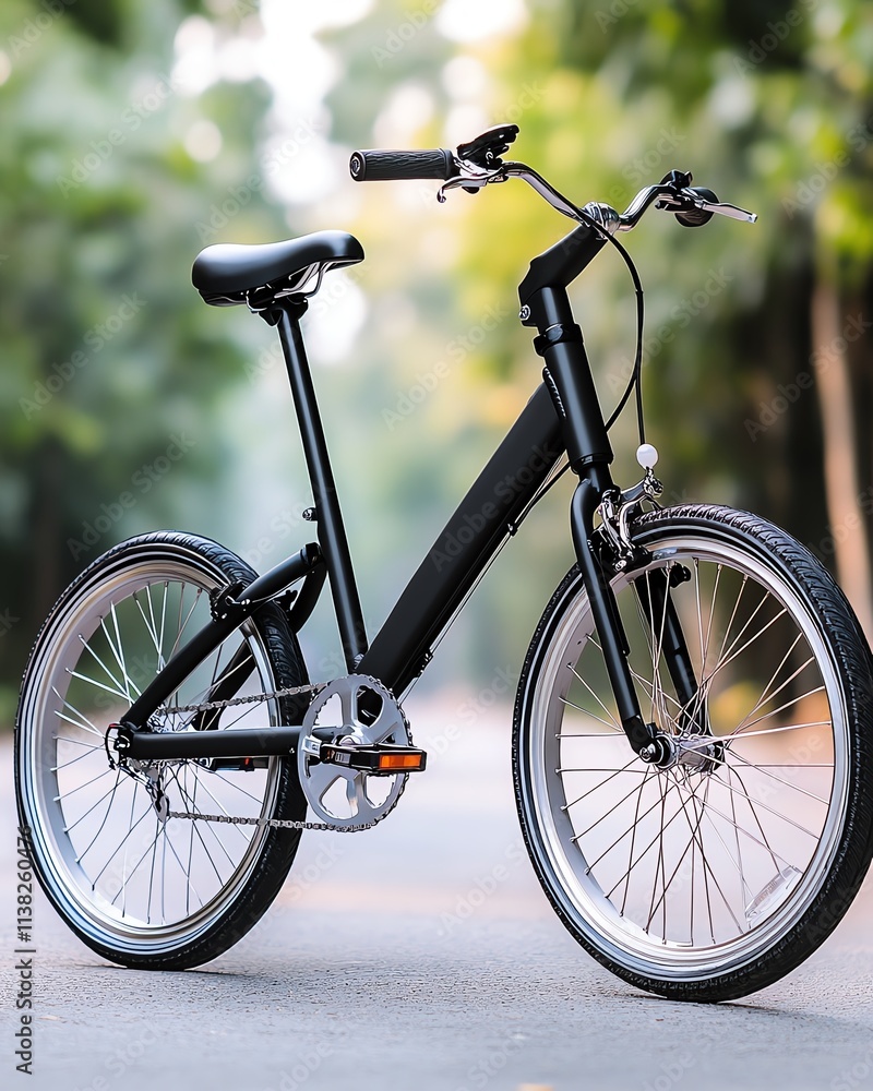 Sleek black folding bike outdoors Sleek black folding bike outdoors