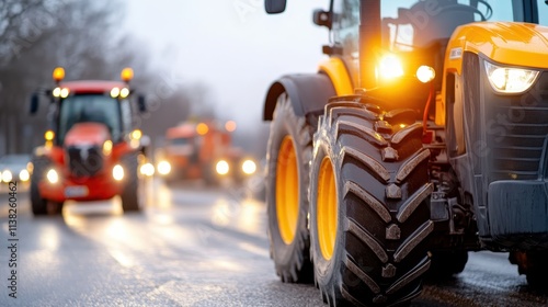 A convoy of tractors making their way through a city's busy streets at twilight, showcasing a unique juxtaposition of agricultural vehicles in an urban environment. photo