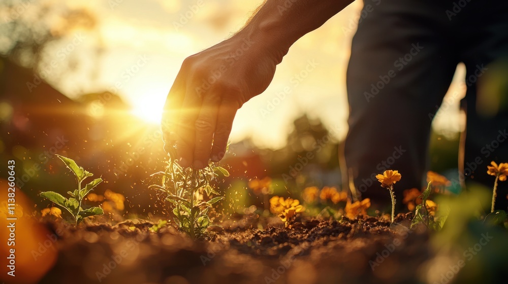 Fototapeta premium Gardener's Hands Removing Weeds with Delicate Care in Flower Bed