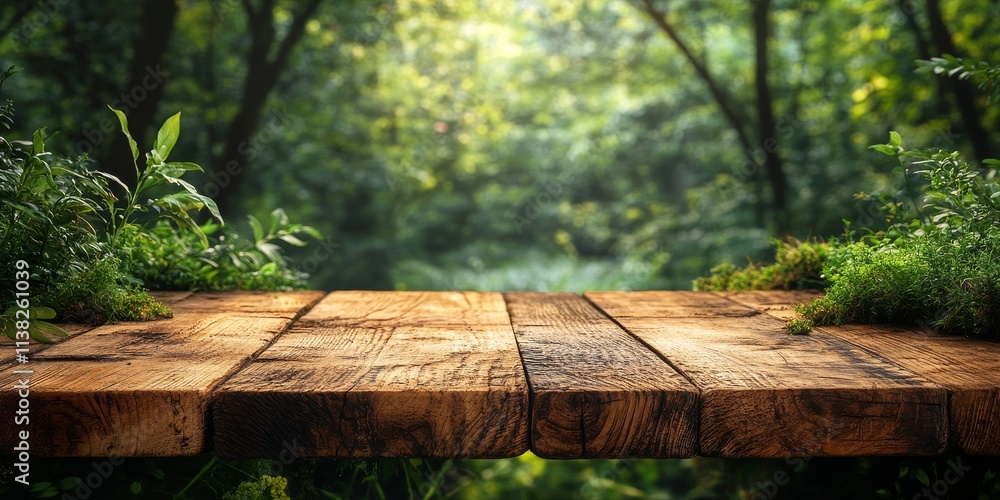 A background with a wooden surface in the foreground, neutral space for potential ad design. The background is softly blurred with natural elements like green trees, grass, and flowers, A background with a wooden surface in the foreground, neutral space for potential ad design. The background is softly blurred with natural elements like green trees, grass, and flowers,