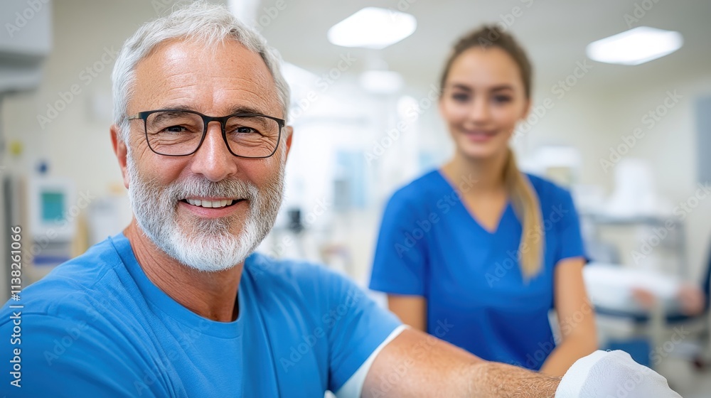 Obraz premium An elderly male dentist smiles warmly while seated in a dental office, with a smiling young female dental assistant next to him, representing care and professionalism.