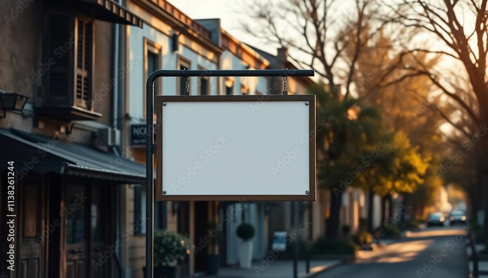 Blank Shop Sign Mockup on City Street at Sunset Blank Shop Sign Mockup on City Street at Sunset