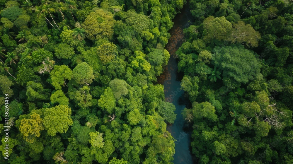Naklejka premium Aerial view of a dense tropical rainforest with a narrow river cutting through lush green canopy, showcasing vibrant foliage and rich biodiversity