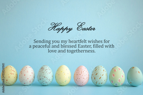 Easter card with eggs - Happy Easter. Sending you my heartfelt wishes for a peaceful and blessed Easter, filled with love and togetherness. With Easter eggs border on blue pastel color background. photo