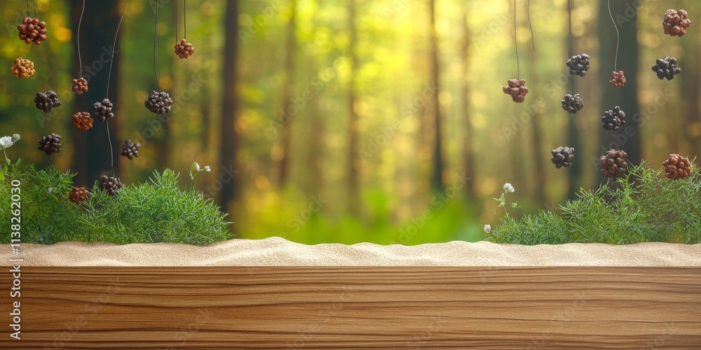 Fototapeta premium A background with a wooden surface in the foreground, neutral space for potential ad design. The background is softly blurred with natural elements like green trees, grass, and flowers,