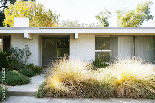 A mid-century modern home with a large front yard, featuring ornamental grasses and shrubs in the landscape design. The house has white walls and windows, complemented by lush greenery around it.