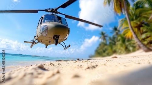 A helicopter is captured in the process of landing on a sandy tropical beach amidst clear skies, surrounded by vibrant palm trees and crystal-clear waters. photo