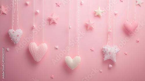 Pink background with hearts, stars and copy space. It's a girl backdrop with copy space