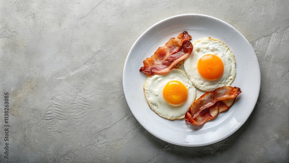 A Simple Breakfast of Two Fried Eggs and Crispy Bacon on a White Plate A Simple Breakfast of Two Fried Eggs and Crispy Bacon on a White Plate